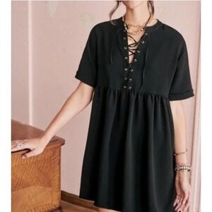 Sézane Theodora Discontinued Black Lace-Up Babydoll A-Line Dress, Sz FR 36/US 4